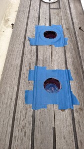 Holes cut in stbd deck for fuel fills; sealed with thickened vinylester resin